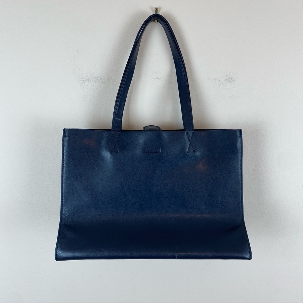 Banana Republic Structured Portfolio Blue Leather Tote Laptop Shoulder Bag